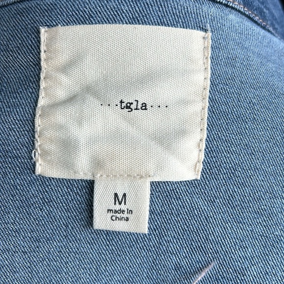 tgla puff long sleeve blue denim jacket shirt cropped raw hem stretch - Picture 14 of 16